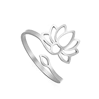 kkjoy Lotus Flower Yoga Ring Stainless Steel Lotus Adjustable Open Finger Rings Inspirational Jewelry Gift for Women Teens Girls