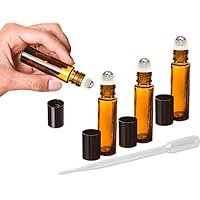 Grand Parfums 12 Essential Oil, Aromatherapy - Amber Glass Bottle with Stainless Steel Metal Roll On Applicator and Black Cap - 8 ml Package of 12 and 2 Transfer Pipettes and 12 Plastic Fitments