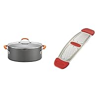 Rachael Ray Hard-Anodized Nonstick Oval Pasta Pot with Lid and Pour Spout (8-Quart, Gray with Orange Handles) and Multi Stainless Steel Grater (Red, Small)