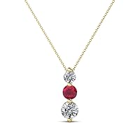 Round Ruby Natural Diamond 1/2 ctw Graduated Three Stone Drop Pendant. Included 16 Inches Chain 18K Gold