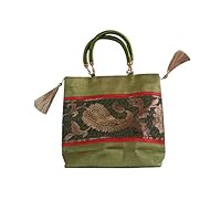 Shoppingkart24 Banaras Brocades Art Silk Green Handbag For Women
