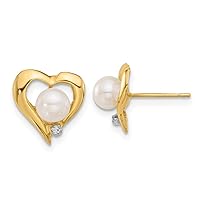 14k Gold 5 6mm Button White Fwc Pearl .02ct Diamond Love Heart Post Earrings Measures 10x9.7mm Wide Jewelry for Women