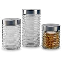 Circleware Ring-a-Ling Glass Canisters with Stainless Hermetic Airtight Top Lids, 3-Piece Set, Kitchen Glassware Food Preserving Coffee, Sugar, Tea, Cereal Containers, 28 oz, 42 oz, 57 oz, Hoops
