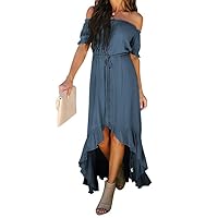 Dokotoo Womens 2024 Off The Shoulder Casual Short Sleeve Maxi Dress High Low Solid Cocktail Skater Dresses