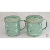 Tabletop 2 Celadon Jade Blue Glaze Crane Bird Cloud Design Personal Green Ceramic Pottery Porcelain Tea Coffee Cup Mug Teacup Lid Gift Set