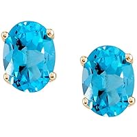 2.80 Carats Genuine Blue Topaz Oval Stud Earrings Solid 14KT Yellow Gold
