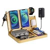 Bedside Charging Station, 27W Fast Charging Wireless Charger Stand for iPhone/iWatch/Airpod/Samsung, Bamboo Phone Docking Station for Multiple Devices, Desk Bedside Stand, Organiser