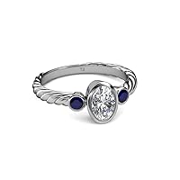 Natural GIA Certified Diamond Oval Shape 0.48 ctw (6x4 mm) With Side Blue Sapphire Three Stone Rope Ring in 14K Gold