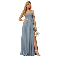 Off-The-Shoulder Chiffon Bridesmaid Dresses Long Wedding Guest Dress with Split Side
