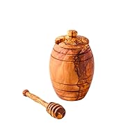 Olive Wood Honey Pot Jar with Lid and Dipper Stick | Handmade Wooden Container | 3 Piece Set for Home and Kitchen
