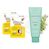 OLIVE YOUNG Care Plus Honey Scar Cover Korean Spot Pimple Patches 2Pack(168 Count) + BRING GREEN Tea Tree Cica Soothing Cream Plus (3.4 fl.oz., 100ml) Bundle