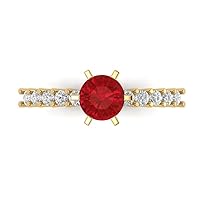 Clara Pucci 1.17ct Brilliant Round Cut Solitaire Simulated Red Ruby designer Modern Statement with accent Ring Solid 14k Yellow Gold