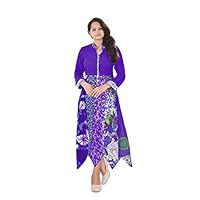 Women's Long Dress Printed Patchwork Handkerchief Cotton Tunic Wedding Wear Kurti Purple Maxi Gown Plus Size - 4XL