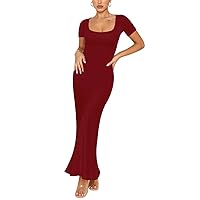 Blingfit Women's Summer Casual Lounge Long Dress Sexy Short Sleeve Square Neck Bodycon Maxi Dresses 2024