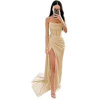 Women's Satin Prom Dresses Long Strapless Bridesmaid Dresses with Slit for Wedding Formal Evening Gowns
