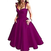 Women's Tea Length Sweetheart Spaghetti Strap Evening Dress Satin with Pockets A Line Prom Dress Rose Red