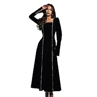 Slim Women' Dress Square Collar Long Sleeve Ankle Length Dresses Elegant Waist Female
