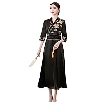 Spring Vintage V-Neck Chinese Style Embroidery Women's Half-Sleeve + Belt A-Line Long Dress