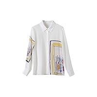 Women White Shirts Silk Single Printed Chic Blouses Spring Summer Office Lady Top