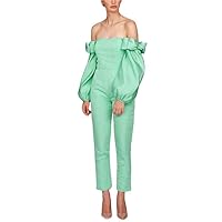 Women's Off Shoulder Jumpsuits Evening Dresses with Detachable Skirt Long Sleeves Satin Prom Gowns Pants Mint Green