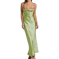 Womens Floral Embroidered Print Satin Maxi Dress Sexy Spaghetti Strap Square Neck Backless Bodycon Tank Dress