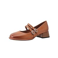 TinaCus Women's Round Toe Genuine Leather Handmade Buckles Low Chunky Heel Casual Pumps Shoes
