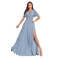 Women's Short Sleeve Bridesmaid Dress for Wedding Long A line Chiffon Evening Gown with Slit