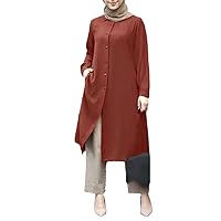 Women Full Sleeved Muslim Blouse, Islamic Buttons Down Solid Long Blouse Tops, Kaftan Casual Solid Robe