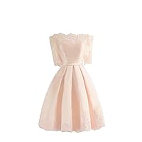 Women's Half Sleeve Satin A Line Homecoming Dress Lace Appliqued Short Cocktail Dresses Champagne Pink