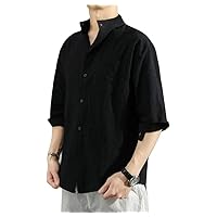 Men Solid Long Sleeve Shirts Chinese Style Wear Stand Collar Loose Cotton White Black Short Sleeve Shirts