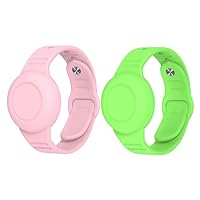 2 Pack Waterproof Airtag Bracelet for Kids Soft Silicone Hidden Wristband Protective Case Cover GPS Tracker Holder Compatible with AirTag Watch Band for Children (Pink/Green)