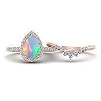 Thegoldencrafter 14K Rose Gold FN Pear Cut Opal Engagement Ring Set Halo Diamond Wedding Ring Set 925 Sterling Silver