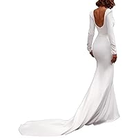 Long Sleeves Backless Wedding Dresses for Bride Satin Mermaid Square Neck Bridal Gowns with Train Formal Evening Party Dress White 26W