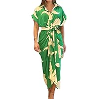 New Women's Printed Lapel Short Sleeved high Waisted Long Shirt Dress (Green,Medium)