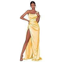 Women's One Shoulder Satin Prom Dresses Long Pleated Bridesmaid Dress with Slit Formal Evening Dresses