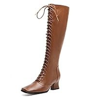 Ladies Black and White high Heels Knee-high Boots Ladies Autumn and Winter Boots Shoes Boots lace-up Side Zipper high Boots Square Toe high-Heeled Knight Boots