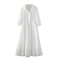 Bohemian Long Dresses with Casual Sleeve Japan Style Ethnic V Neck White Blue Yellow Embroidered Out Dress