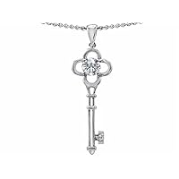 Tommaso Design Key to my Heart Clover Key Pendant Necklace with Round Genuine White Topaz 14 kt White Gold
