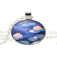 Water Lily Monet Flower Painting Glass photo Necklace Man Woman Jewelry as Gifts