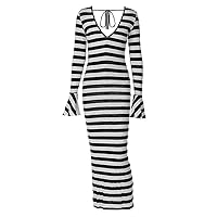 Maxi Dress, Modern Striped Print Long Sleeve Dress Highlight Your Personality Suitable for Fashion Forward Women