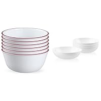 Corelle,Glass 28oz Red Band Bowl 6pk & 4-Pc Meal Bowls Set, Service for 4, Durable and Eco-Friendly 9-1/4-Inch Bowls, Compact Stack Bowl Set, Microwave and Dishwasher Safe, White