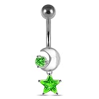 CZ Crystal Stone Crescent with Star Dangling 925 Sterling Silver Belly Ring Body Jewelry