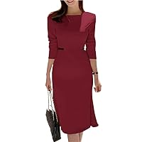 Elegant Solid Slim Dress Women Autumn Sundress Square Neck Long Sleeve Party Robe OL Work Dresses