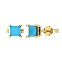 1.50 ct Princess Cut Solitaire Simulated Turquoise Pair of Stud Everyday Earrings Solid 18K Yellow Gold Butterfly Push Back