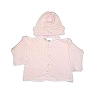Knitted Crochet Finished Light Pink Cotton Cardigan Hat with Pink Rosebuds