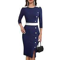 HAN HONG Women 3/4 Sleeve Round Neck Single-Breasted Patchwork Sheath Pencil Dress