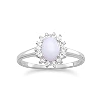 Rhod. P. 925 Sterling Silver Ring 5mm X 7mm Australian Oval Opal White Topaz All Around Jewelry for Women - Ring Size Options: 10 5 6 7 8 9
