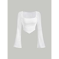 Women's T-Shirt Square Neck Ruched Hanky Hem Tee T-Shirt for Women (Color : White, Size : Large)