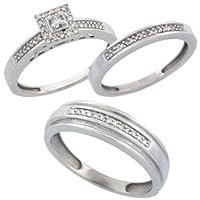 10k White Gold Diamond Trio Wedding Ring Set His 6mm & Hers 2.5mm, sizes 5 - 13
