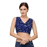 Aashita Creations Women's Sequences Silk Blouse with V Neck Navy Blue Color_1367